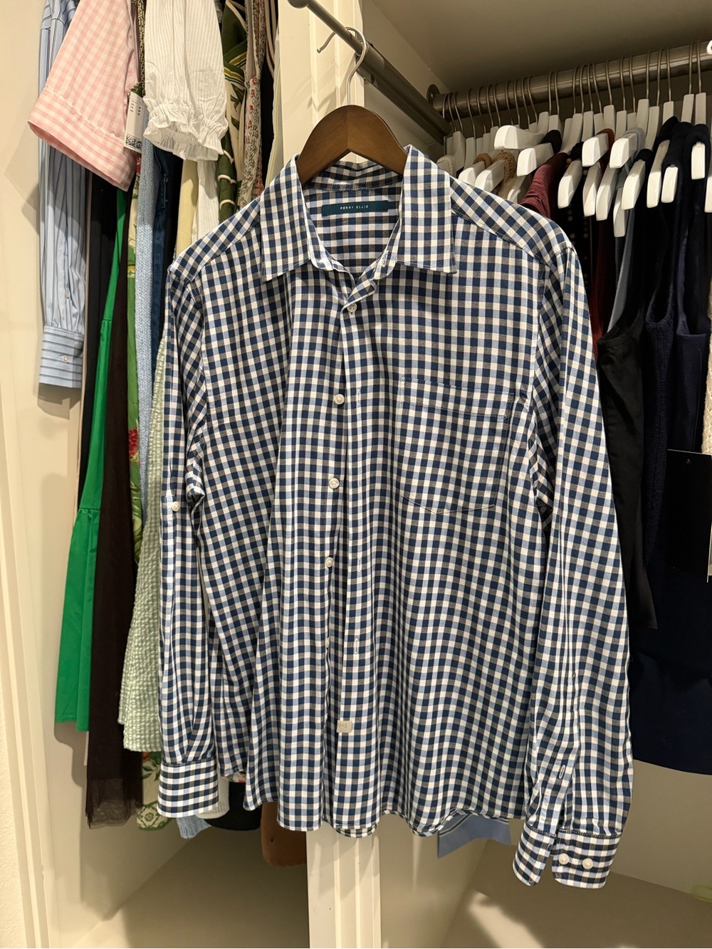 Perry Ellis Navy and White Gingham Button-Down Shirt
